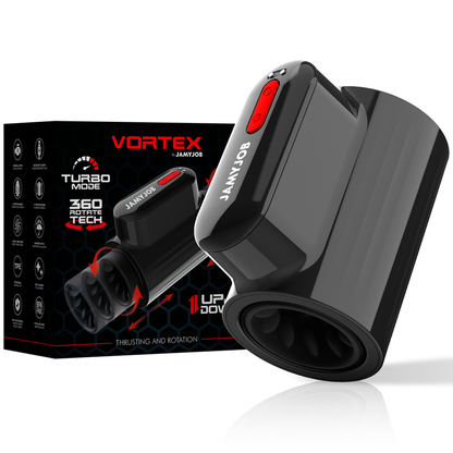 Masturbador Vortex Turbo de JAMYJOB con empuje y rotación 360 grados, diseño compacto y texturizado para mayor placer.