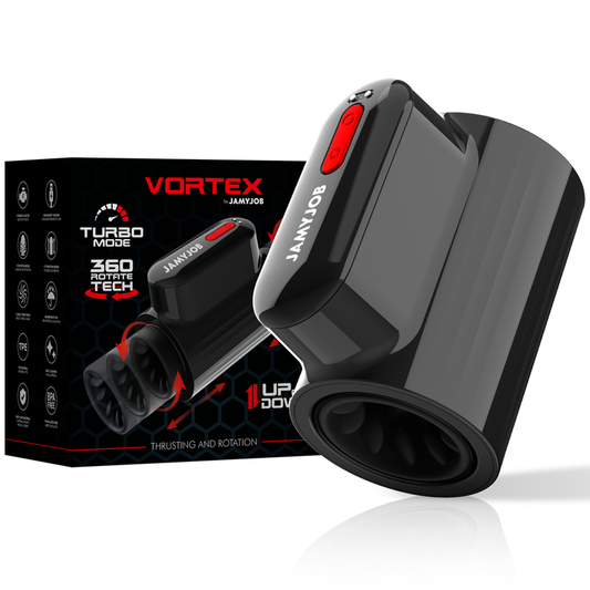 Masturbador Vortex Turbo de JAMYJOB con empuje y rotación 360 grados, diseño compacto y texturizado para mayor placer.