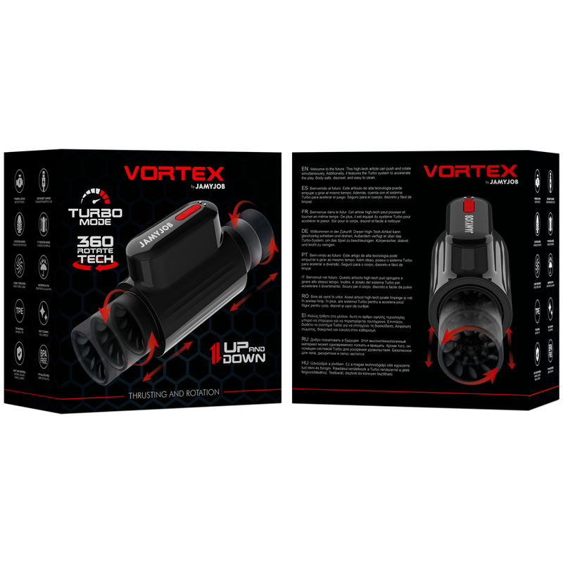 Masturbador Vortex Turbo de JAMYJOB con empuje y rotación 360 grados, para una experiencia intensa y realista.