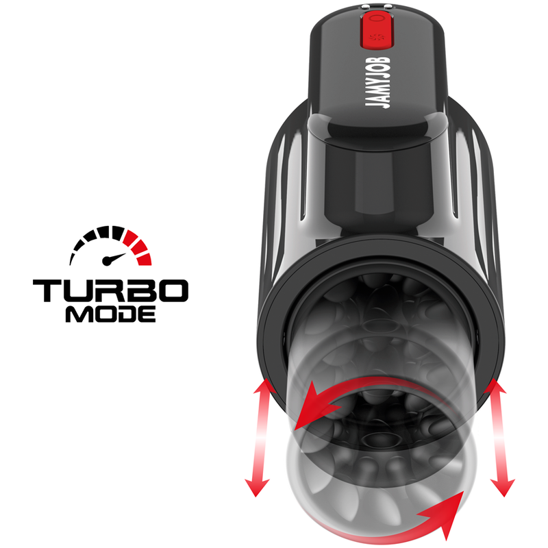 Masturbador Vortex Turbo de JAMYJOB con empuje y rotación de 360 grados, diseño ergonómico y textura interior estimulante.