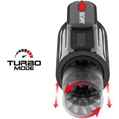 Masturbador Vortex Turbo de JAMYJOB con empuje y rotación de 360 grados, diseño ergonómico y textura interior estimulante.