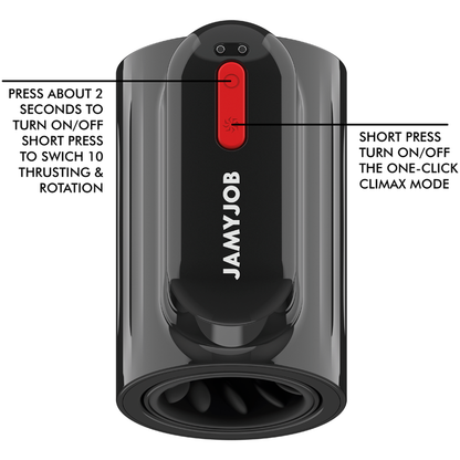Masturbador Vortex Turbo de JAMYJOB con empuje y rotación 360 grados, diseño compacto y texturizado para mayor placer.