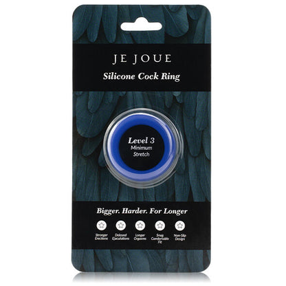 Anillo de silicona azul de la marca JE JOUE con diseño ergonómico y estrangulamiento mínimo, ideal para uso cómodo y seguro