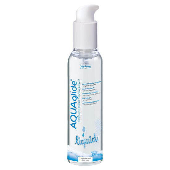 Lubricante líquido JOYDIVISION AQUAGLIDE en botella de 250 ml, envase transparente con etiqueta azul y tapa blanca.