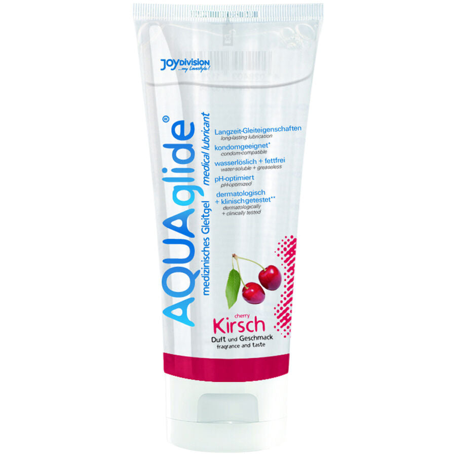 JOYDIVISION AQUAGLIDE cherry-flavored lubricant 100 ml bottle with a vibrant red design and glossy finish.