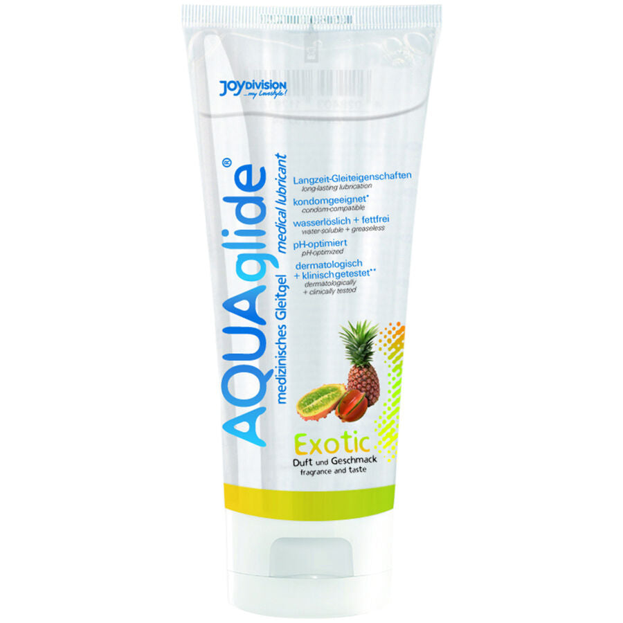 JOYDIVISION AQUAGLIDE exotic flavor lubricant 100 ml bottle with a colorful design and easy-to-use cap.