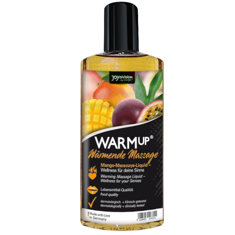 Aceite de masaje JOYDIVISION AQUAGLIDE Warmup con aroma a mango y maracuyá, botella de 150 ml.