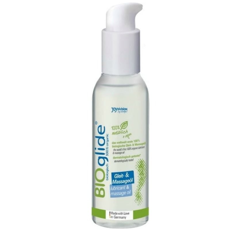 Aceite de masaje orgánico BIOGLIDE de JOYDIVISION BIOGLIDE en botella de 125 ml, líquido transparente y suave para masajes.