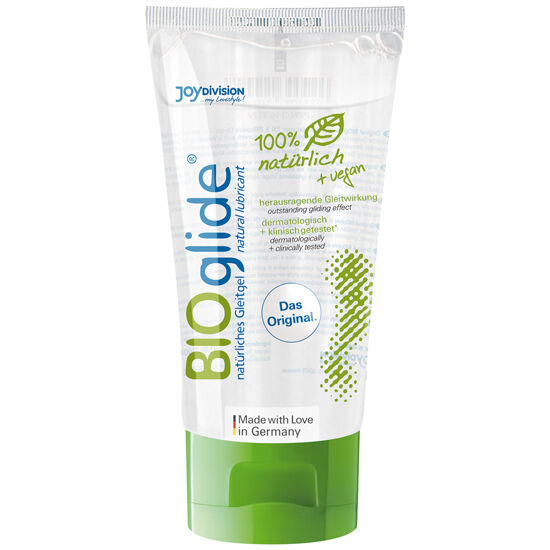 Lubricante natural BIOGLIDE de JOYDIVISION, frasco de 150 ml, con envase transparente y etiqueta blanca y azul.