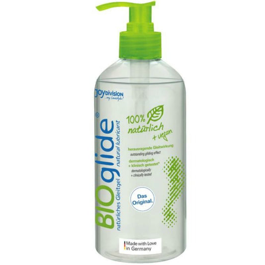 Lubricante natural BIOGLIDE de JOYDIVISION BIOGLIDE en envase de 500 ml, líquido transparente y sedoso para uso personal.