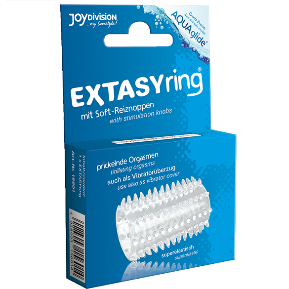 JOYDIVISION Extasy Ring, a penile stimulator, displayed on a neutral background to highlight its design and features.