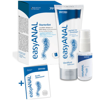 Set de inicio JOYDIVISION EASYANAL con lubricante y relajante anal, incluye envase y accesorios para uso íntimo.
