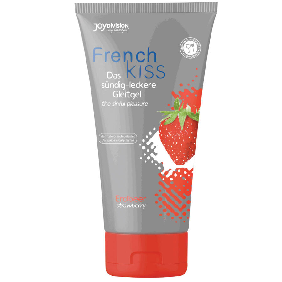 JOYDIVISION FRENCH KISS oral sex gel in strawberry flavor, shown in a sleek bottle with vibrant packaging.