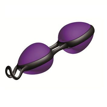 JOYDIVISION JOYBALLS black and purple kegel balls, showcasing their smooth surface and ergonomic design.