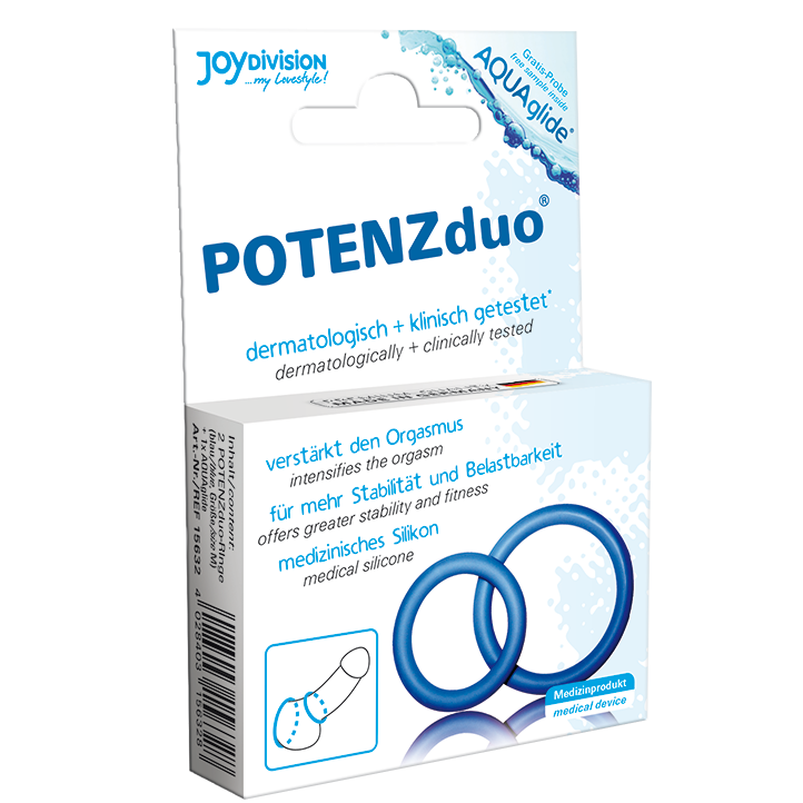 JOYDIVISION POTENZDUO blue penis rings in size medium, showcasing their sleek design and stretchy material.