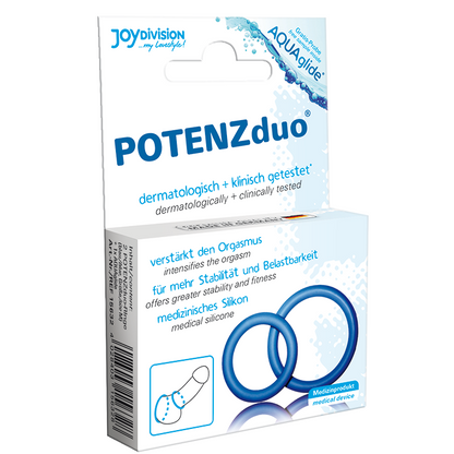 JOYDIVISION POTENZDUO blue penis rings in size medium, showcasing their sleek design and stretchy material.