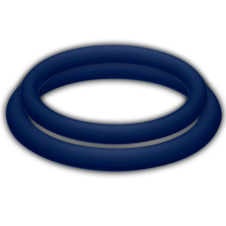 JOYDIVISION POTENZDUO blue penis rings in medium size, highlighting their flexible design and textured surface.