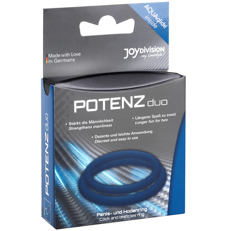 JOYDIVISION POTENZDUO blue penis rings in medium size displayed on a neutral background, showcasing their design and texture.