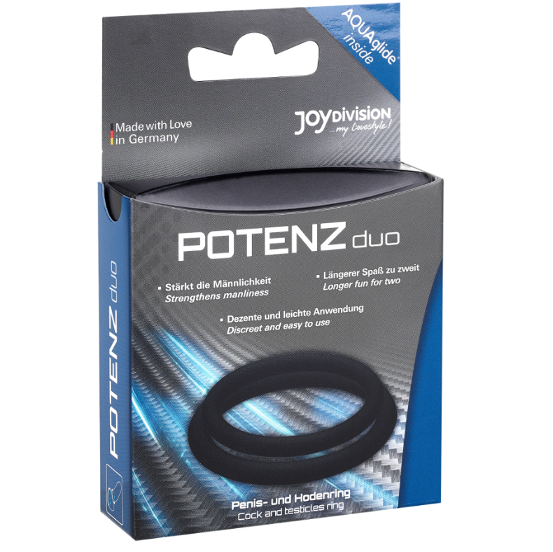 Anillo para pene negro de tamaño M de la marca JOYDIVISION POTENZDUO, diseñado para mejorar la erección.