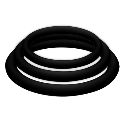 Anillos para pene negros de la marca JoyDivision PotenzDuo, tamaño S, M y L, en empaque con tres unidades.