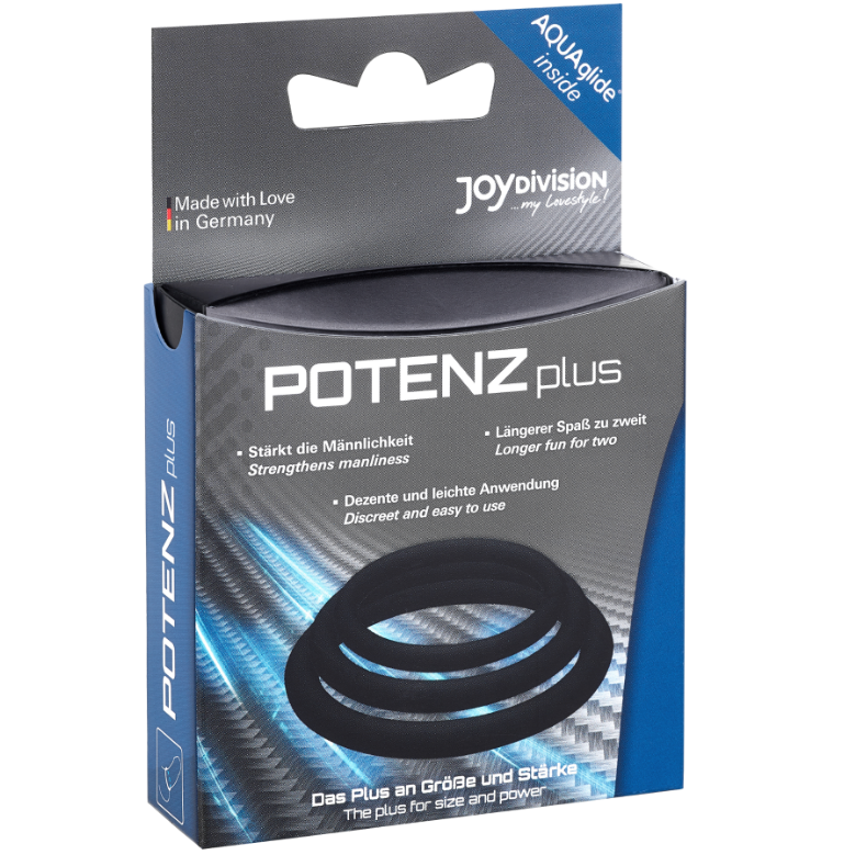Anillos para pene en negro de la marca JOYDIVISION POTENZDUO, en tallas S, M y L, dispuestos sobre fondo neutro.