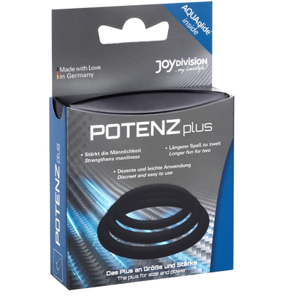 Anillos para pene en negro de la marca JOYDIVISION POTENZDUO, en tallas S, M y L, dispuestos sobre fondo neutro.
