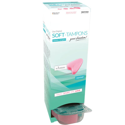 Aplicación de los tampones originales JoyDivision Soft-Tampons en envase de 10 unidades, ideales para uso femenino.