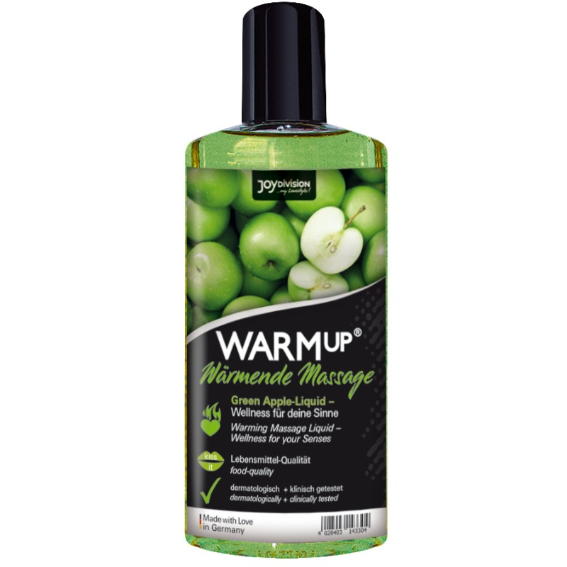 Aceite de masaje JOYDIVISION WARMUP Manzana Verde 150 ml, botella con aceite transparente y etiqueta verde, ideal para relajación.