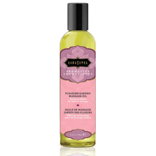 Aceite de masaje Kamasutra Jardín del Placer de 59 ml, frasco con aceite aromático y etiquetas de la marca Kamasutra Cosmetics.