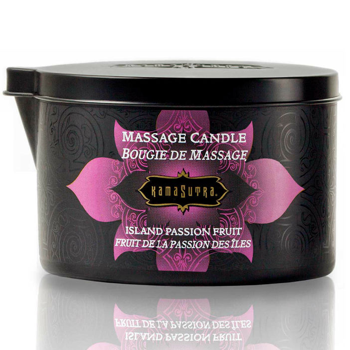 Vela de masaje Isla de la Pasión de Kamasutra Cosmetics, 170 g, con cera suave y aroma seductor para relajación y bienestar.
