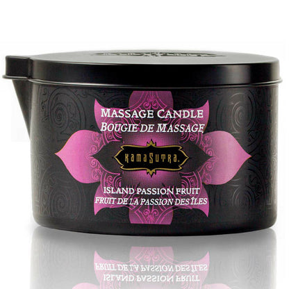 Vela de masaje Isla de la Pasión de Kamasutra Cosmetics, 170 g, con cera suave y aroma seductor para relajación y bienestar.