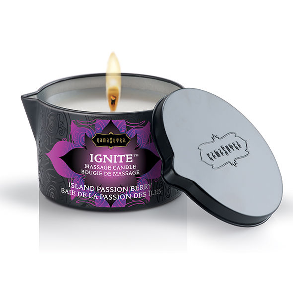 Vela de masaje Kamasutra Isla de la Pasión de 170g, con aroma exótico y envolvente, ideal para relajación y sensualidad.