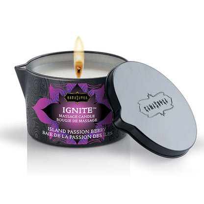 Vela de masaje Kamasutra Isla de la Pasión de 170g, con aroma exótico y envolvente, ideal para relajación y sensualidad.