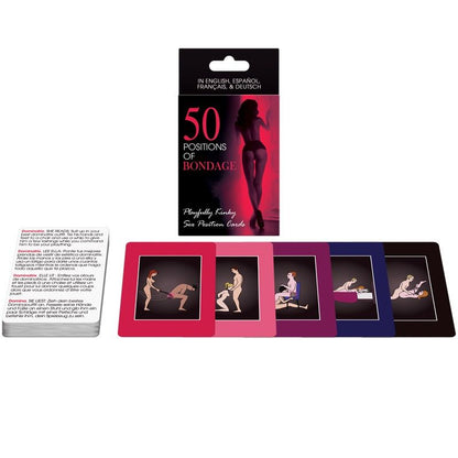 Cartas de 50 posiciones de bondage del juego KHEPER GAMES, con ilustraciones y instrucciones para juegos de restricción.