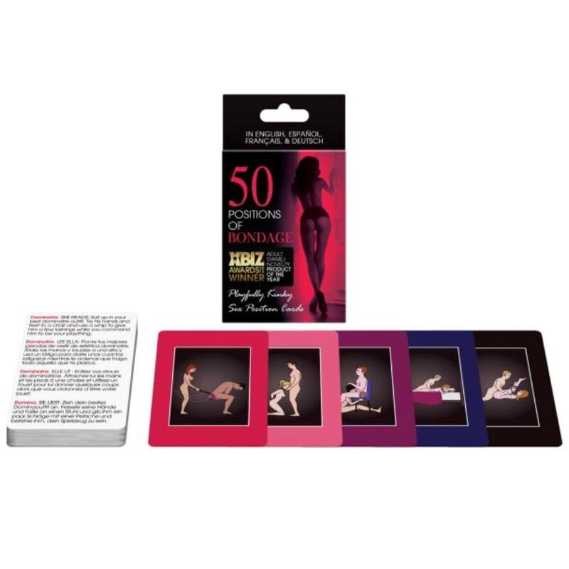 Cartas de KHEPER GAMES con 50 posiciones de bondage para juegos eróticos y restricción, con ilustraciones y instrucciones.