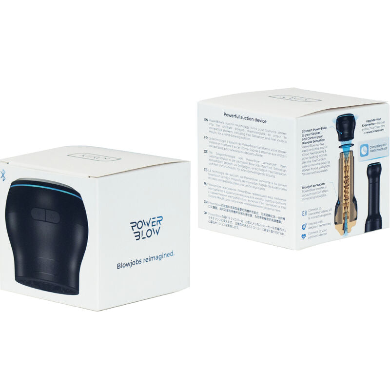 Dispositivo de succión interactivo KIIROO PowerBlow con diseño moderno y controles visibles en el dispositivo.
