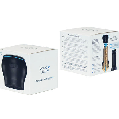 Dispositivo de succión interactivo KIIROO PowerBlow con diseño moderno y controles visibles en el dispositivo.