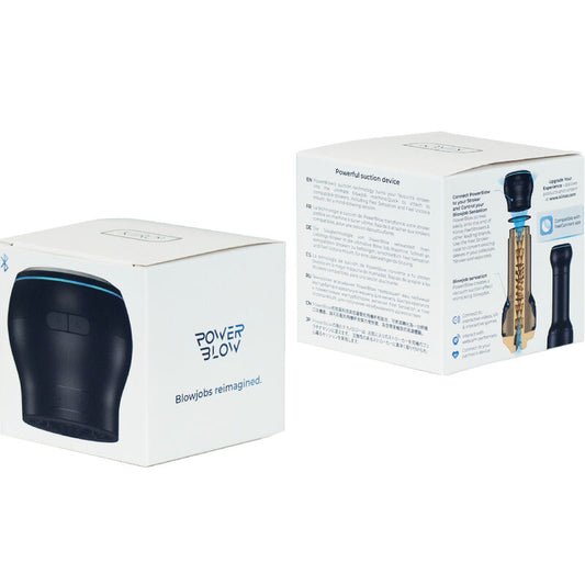 Dispositivo de succión interactivo KIIROO PowerBlow con diseño moderno y controles visibles en el dispositivo.