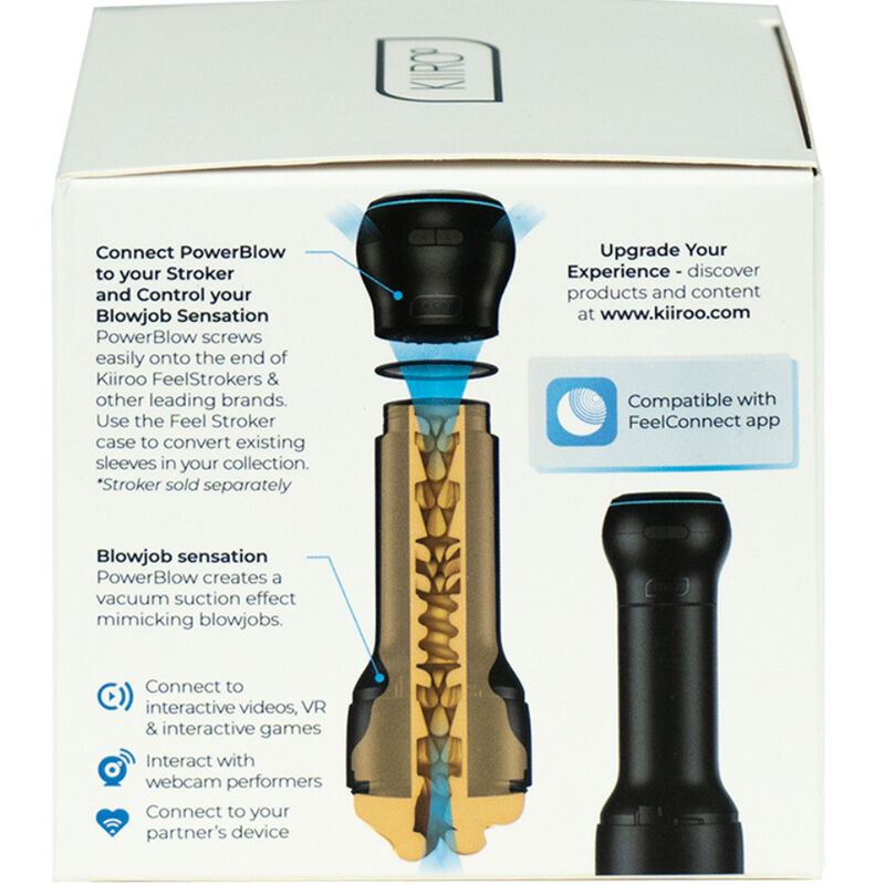 Dispositivo de succión interactivo KIIROO PowerBlow, con diseño compacto y control de intensidad, para experiencia estimulante.