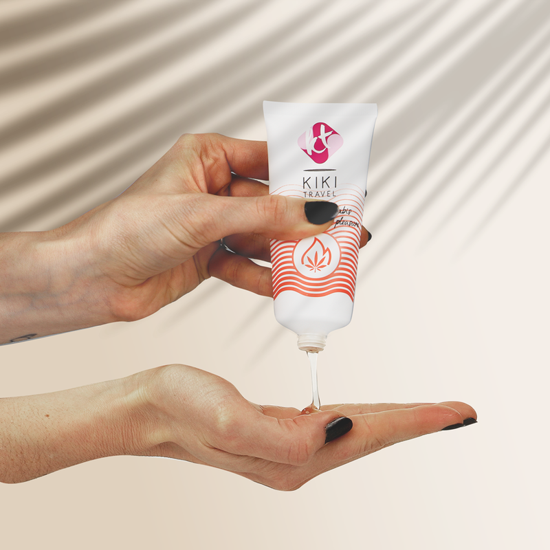 Gel deslizante KIKÍ TRAVEL sabor a cannabis con efecto de calor intenso, en envase de 50 ml, visible en la imagen.