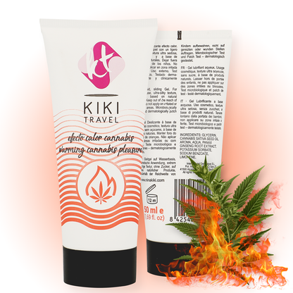 Gel deslizante KIKÍ TRAVEL sabor a cannabis, efecto calor intenso, botella de 50 ml con diseño del producto visible.