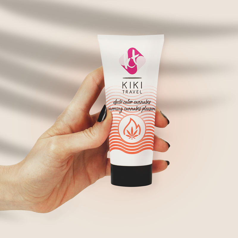 Gel deslizante KIKÍ TRAVEL sabor a cannabis, efecto calor intenso, frasco de 50 ml, envase transparente con etiqueta.
