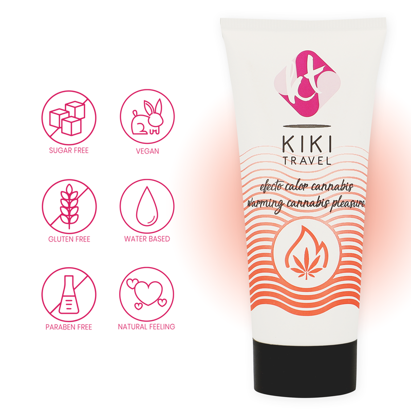 Gel deslizante KIKÍ TRAVEL sabor a cannabis, efecto calor intenso, frasco de 50 ml, con textura y color visibles.