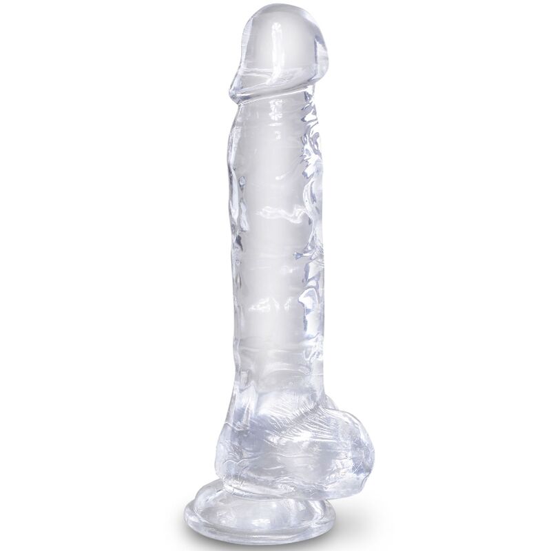 Pene realístico transparente KING COCK con testículos, 16.5 cm, con detalles anatómicos visibles y superficie realista.