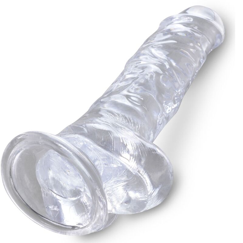 Pene realista transparente KING COCK con testículos, de 16.5 cm, con textura detallada y acabado realista en imagen.