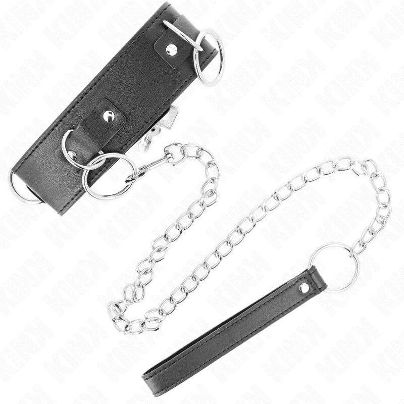 Collar ajustable KINK con correa de 65 cm, 3 anillos y diseño de 5 cm de ancho, para uso en juegos de restricción.