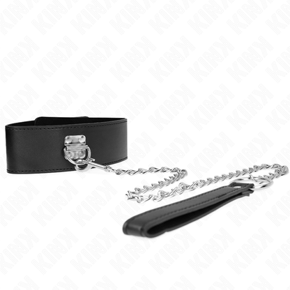 Collar ajustable negro con correa de 65 cm, de la marca KINK COLLAR & GAG, con ancho de 5 cm y tamaño ajustable de 33.5 a 41 cm