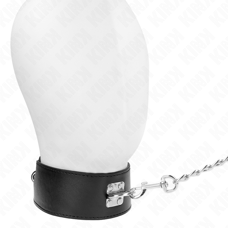 Collar ajustable negro de 65 cm con correa, de la marca KINK COLLAR & GAG, con ancho de 5 cm y tamaño ajustable de 33.5 a 41 cm.