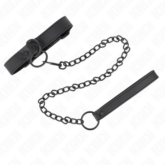 Collar ajustable KINK con correa de 65 cm, en color oscuro, para juegos de restricción y BDSM, con medidas de 37 a 54 cm.