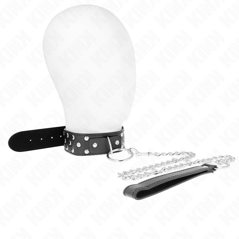 Collar con correa KINK en negro, ajustable de 36 a 50 cm, con remaches, anilla y tamaño de 3.8 cm para bondage y juegos de roles.